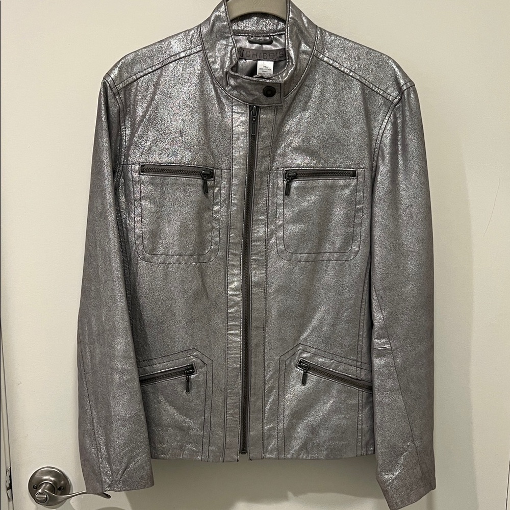 Chico's Shimmering Silver Metallic Leather Moto Jacket Size 1 8/10